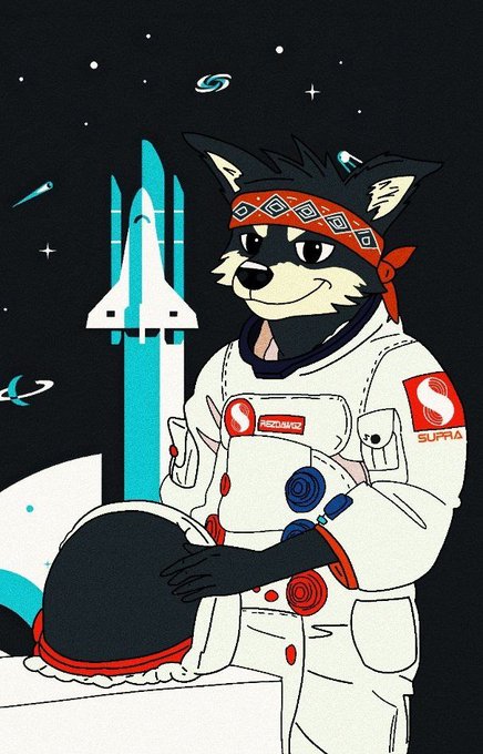 A cartoon illustration of a raccoon wearing a spacesuit with 'RECHARGE' and 'SUPRA' logos, standing in front of a space shuttle and holding a helmet.