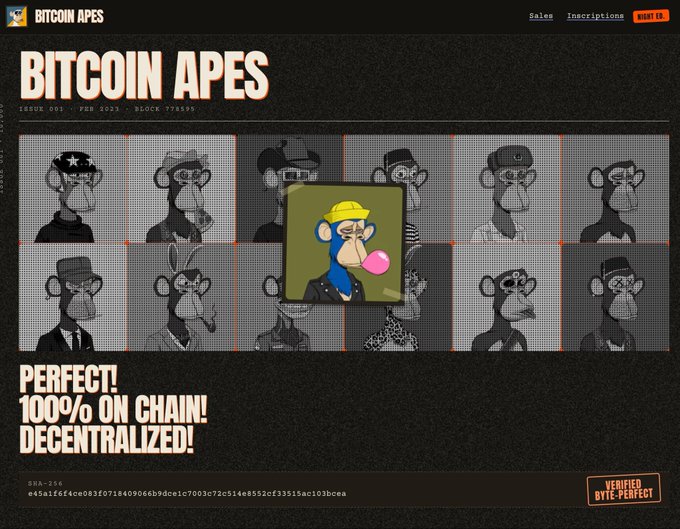 A webpage screenshot titled 'BITCOIN APES' displaying a grid of pixelated ape NFT avatars with text reading 'ISSUE 001 - FEB. 2023 - BLOCK 779692', 'PERFECT! 100% ON CHAIN! DECENTRALIZED!', and navigation links for Sales, Inscriptions, and What is. A highlighted central ape wears a yellow hat and blows a pink bubble gum bubble.