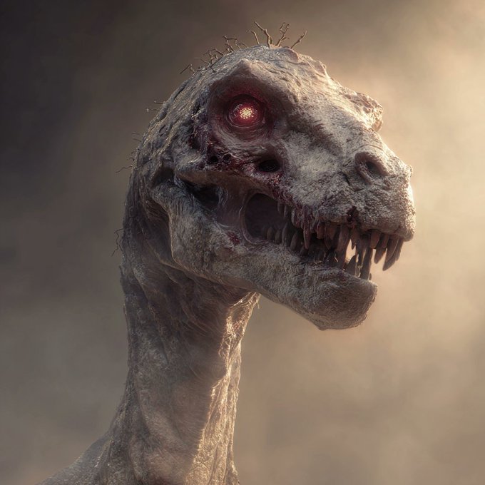 A terrifying dinosaur-like creature with pale, decaying skin, sharp jagged teeth, and a glowing red eye emerging from a dark socket.