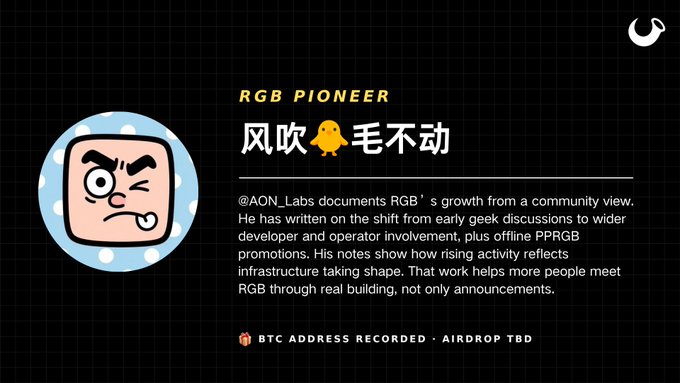 A profile card for 'RGB PIONEER' with the handle 风吹🐥毛不动, describing AON_Labs' documentation of RGB's growth from developer discussions to offline PPRGB promotions, noting a recorded BTC address for an upcoming airdrop.