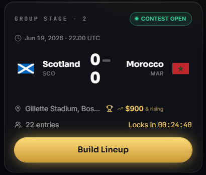 The image shows a screenshot of an app's main screen, which displays information about a soccer match between Scotland and Morocco. The main text indicates that Scotland has won their game against Morocco at 0-0, with the final score being 0-0. There are also lock-in options to enter your own lineup for this upcoming soccer match.