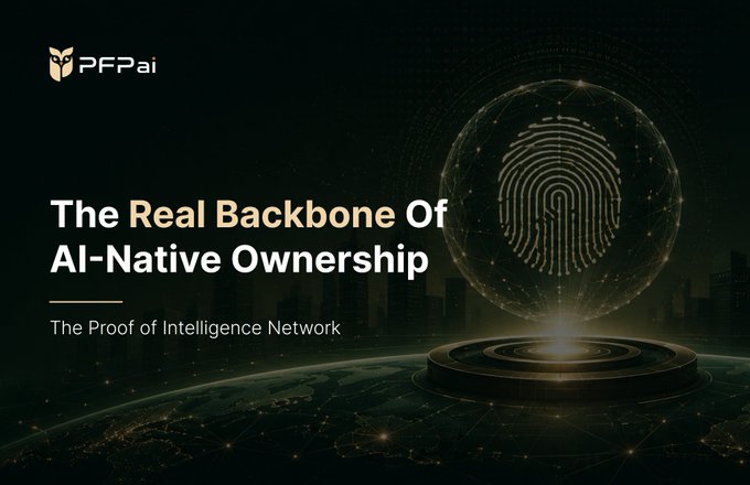 A dark promotional graphic for PFPai featuring the text "The Real Backbone Of AI-Native Ownership" and "The Proof of Intelligence Network," alongside a glowing golden fingerprint encased in a translucent sphere above a futuristic cityscape. The fingerprint imagery visually reinforces the post's message about unique, non-replicable embedding IDs serving as cryptographic copyright proof for AI assets on BNB Chain.