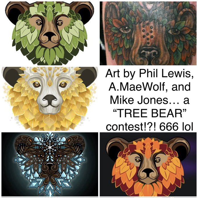 A collage of bear artworks created from trees and leaves by Phil Lewis, A.MaeWolf, and Mike Jones, advertising a 'TREE BEAR' contest.