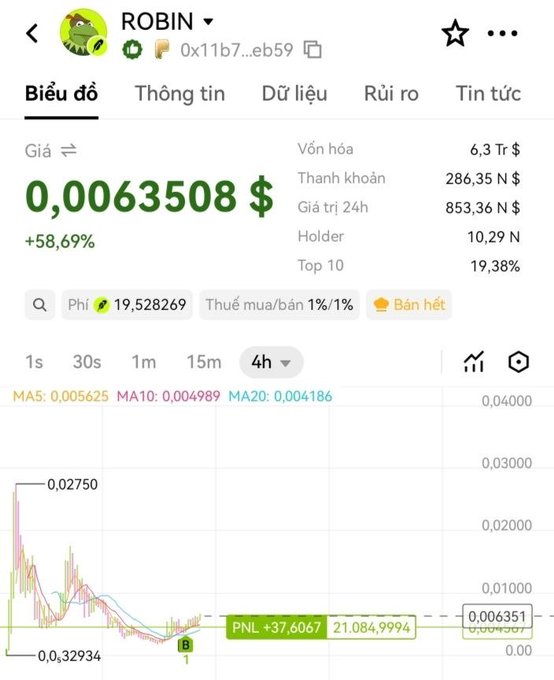 A cryptocurrency tracking screen showing the ROBIN token priced at $0.0063508, up 58.69%, with a market cap of 6.3 Tr and a price chart showing a significant decline from highs.