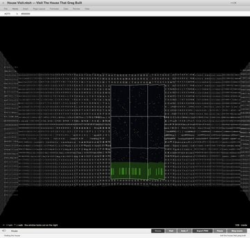 Screenshot of a webpage titled 'House Vist.xyz — Visit The House That Greg Built,' showing a dark 3D room visualization with green code-textured walls and a doorway.