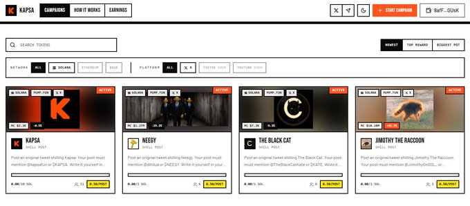 A screenshot of the KAPSA cryptocurrency platform showing various token campaigns including KAPSA, NEEO, The Black Cat, and Timothy The Raccoon, each with pump metrics and social media details.