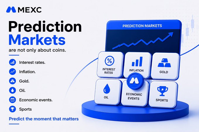 MEXC presents Prediction Markets, emphasizing that they extend beyond crypto to include interest rates, inflation, gold, oil, economic events, and sports, all with the goal to "Predict the moment that matters."