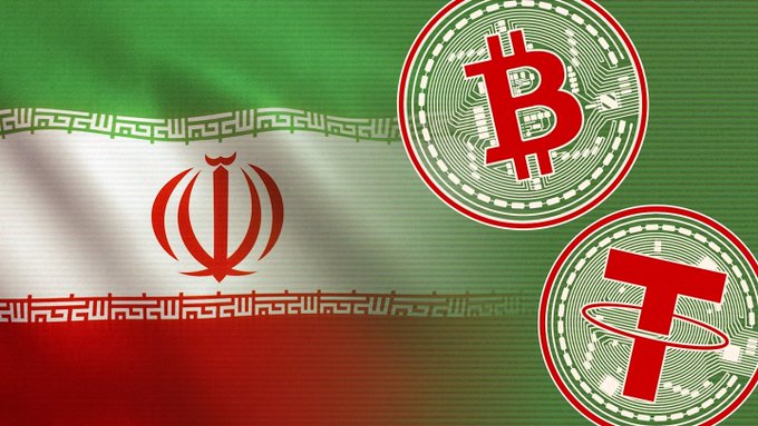 A graphic showing the Iranian flag alongside Bitcoin and Tether cryptocurrency logos, representing Iran's involvement with crypto.