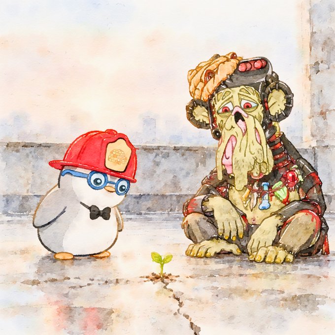 A watercolor-style illustration showing a small penguin wearing a red 'Fire Department' helmet and glasses standing next to a large, melting, green monster-like creature wearing a brain helmet.
