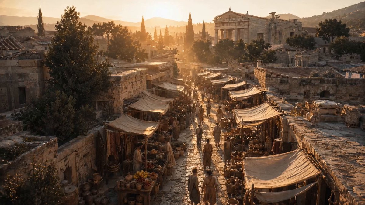 The image shows a bustling market scene with people walking around, shopping under tents, and enjoying themselves. The sun is setting over the city, casting a warm glow that illuminates the area. There are at least 15 people visible in the scene, some of them carrying handbags or wearing backpacks as they navigate through the market.

The market itself appears to be located on a street with buildings lining both sides, creating an urban atmosphere. The tents and stalls set up for the market contribute to the lively ambiance, making it a popular spot for locals and tourists alike.