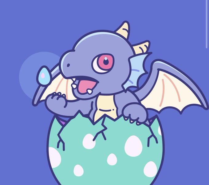 A cute cartoon illustration of a small purple dragon hatching from a cracked, light green and white spotted egg against a solid purple background.