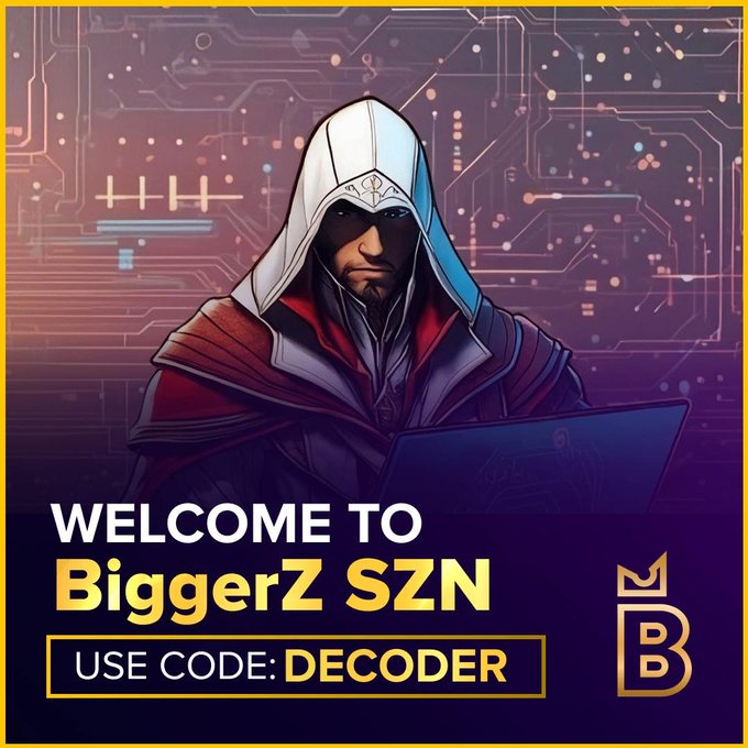 A promotional graphic for 'BiggerZ SZN' featuring an illustration of a hooded man using a laptop against a digital circuit background, with the offer 'USE CODE: DECODER' and a 'B' crown logo.