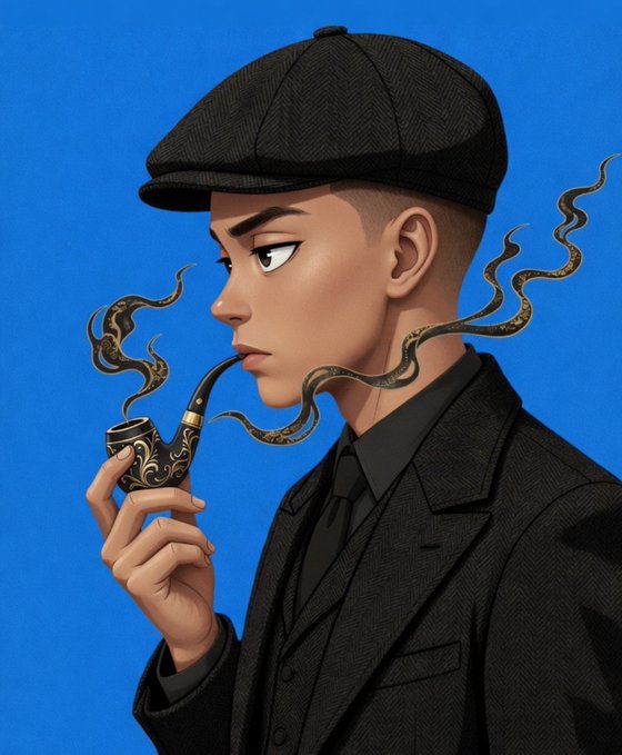 A stylized digital illustration of a young man in a black flat cap and black suit smoking an ornate black pipe, with smoke trails against a solid blue background.