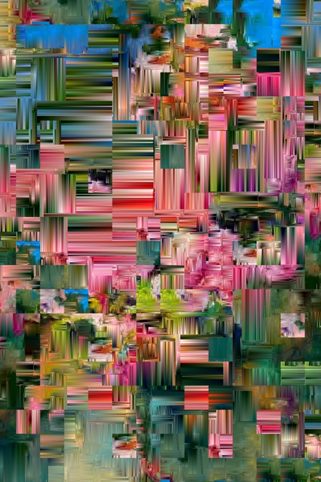 An abstract, glitch-style artwork featuring horizontal bands of various colors including pink, blue, green, and earth tones, creating a pixelated or corrupted digital aesthetic.