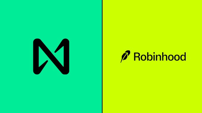 Side-by-side logos featuring a stylized 'N' on a turquoise background and the 'Robinhood' feather emblem on a bright yellow-green background.