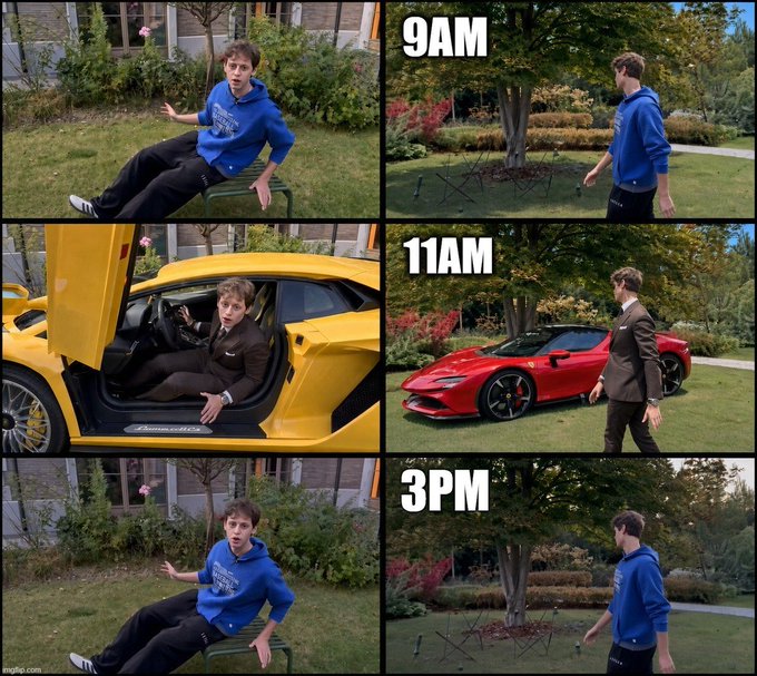 A three-panel meme showing the same man at different times of day (9AM, 11AM, 3PM) on the right side, with increasingly expensive vehicles (a folding chair, a red Ferrari, then back to the chair) appearing on the left side matching each time stamp.