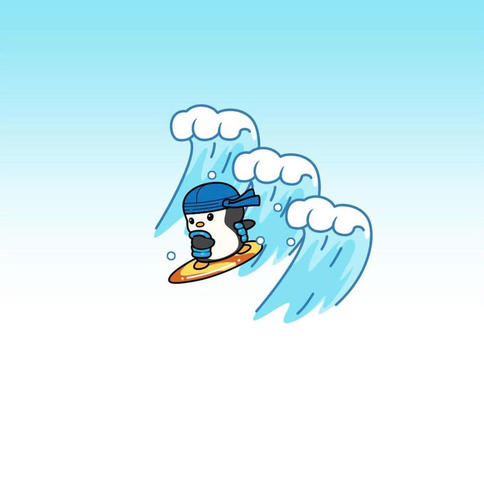 A cartoon illustration of a small penguin character wearing a blue helmet and striped sleeves, surfing on an orange and yellow board riding a large blue wave against a light blue background.