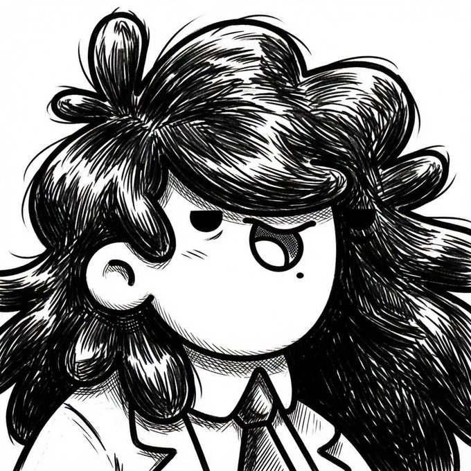 Black and white manga-style illustration of a girl with a stern expression, featuring large eyes, messy hair with bow-like tufts, and wearing a collared shirt with tie.