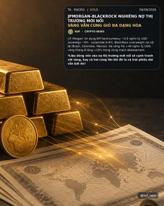 Gold bars and coins sit on US dollar bills and a world map, accompanied by Vietnamese text about JPMorgan-Blackrock, gold, and crypto news from kof_new dated 06/09/2026.
