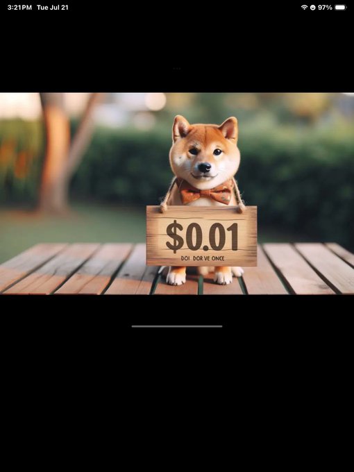 An iPad screenshot taken at 3:21PM on Tue Jul 21 showing an AI-generated image of a Shiba Inu dog with a bow tie holding a sign reading '$0.01 - DO! DOR VE ONCE' on a wooden picnic table.