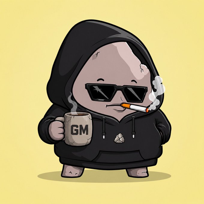 A cartoon rock character wearing a black hoodie, sunglasses, and smoking a cigarette holds a steaming mug labeled "GM," fitting the post's casual "good morning" greeting and rock-bottom theme.