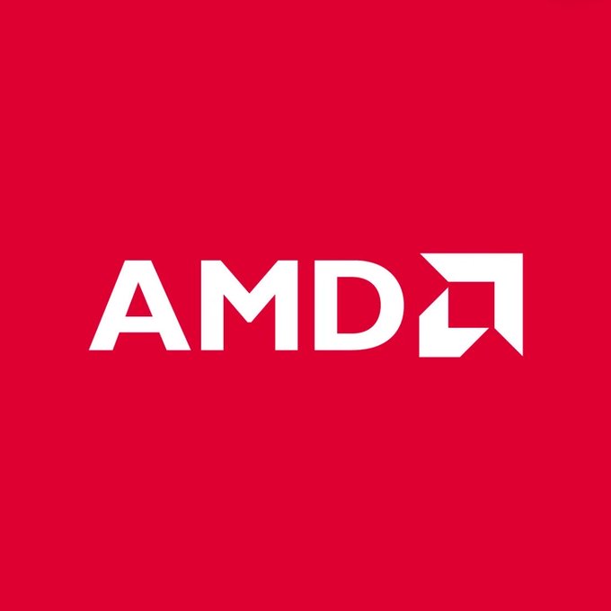 The AMD corporate logo in white text and symbol on a solid red square background.