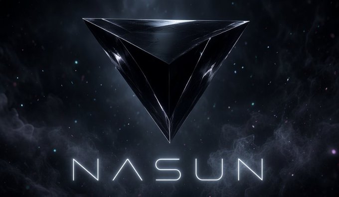 A dark, cosmic-themed logo featuring a black geometric pyramid/tetrahedron shape with the word "NASUN" displayed below in a minimalist white font against a starry background.