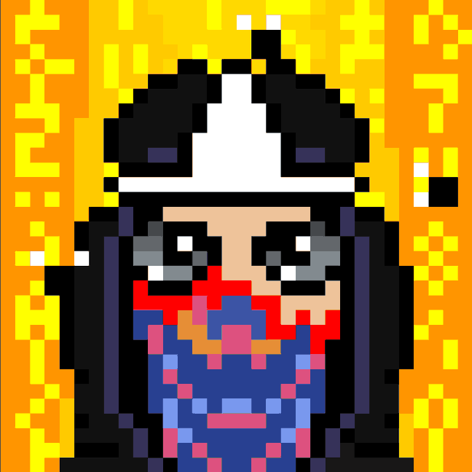 A pixel art depiction of a character wearing a black and white helmet with a blue and red suit, set against an orange and yellow pixelated background.