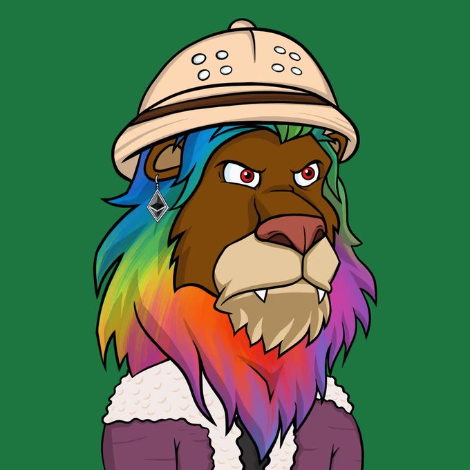 A cartoon lion character with a rainbow-colored mane wearing a beige cap with circular holes, set against a green background.