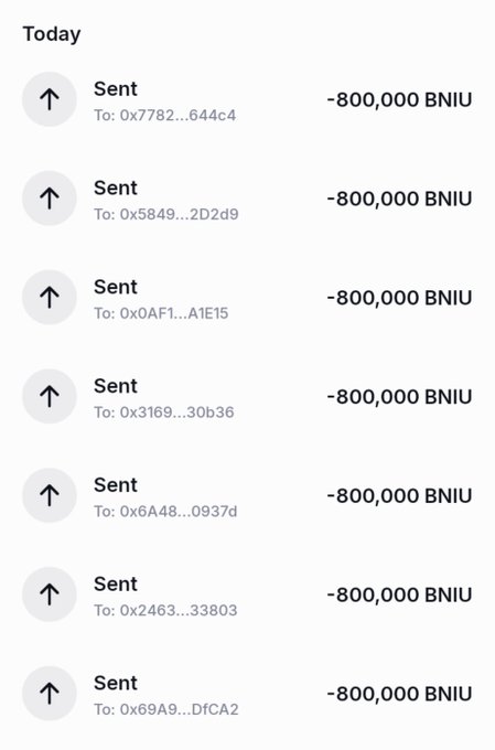 A cryptocurrency wallet transaction history showing seven "Sent" transactions today, each for -800,000 BNIU sent to different wallet addresses.