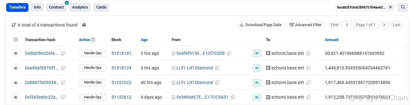 A blockchain explorer page shows 4 transactions, with multiple incoming transfers to 'ezhomi.base.eth' from addresses like 'LI.FI: LiFi Diamond' involving large token amounts.