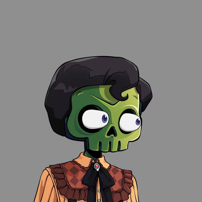 A cartoon character featuring a green skull-like face with large blue eyes, black curly hair, and an orange shirt with a brown argyle vest, set against a gray background.