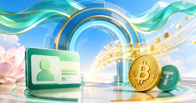 The image features a 3D rendering of a person's identity card, which includes a green ID card with a gold emblem and a gold Bitcoin symbol. The background shows a blue archway with a flowered design, surrounded by floating golden coins that appear to be floating in mid-air. The overall scene suggests an artistic or futuristic theme related to cryptocurrency or digital assets.