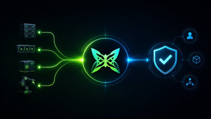 A dark themed promotional graphic with a green butterfly/moth logo in the center, connected by glowing lines to server icons on the left and security/shield icons on the right.