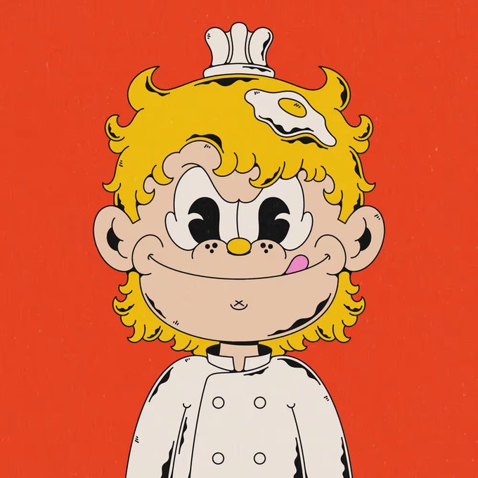 A cartoon-style illustration of a blonde, freckled chef with curly hair, big eyes, and a chef's hat, wearing a white uniform against a bright red background.