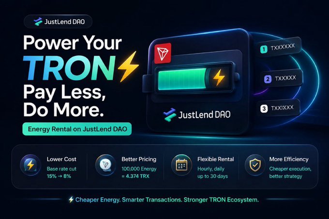 A promotional banner for JustLend DAO cryptocurrency service, advertising 'Power Your TRON, Pay Less, Do More' with energy rental features, showing lower cost, better pricing, flexible rental, and more efficiency benefits.