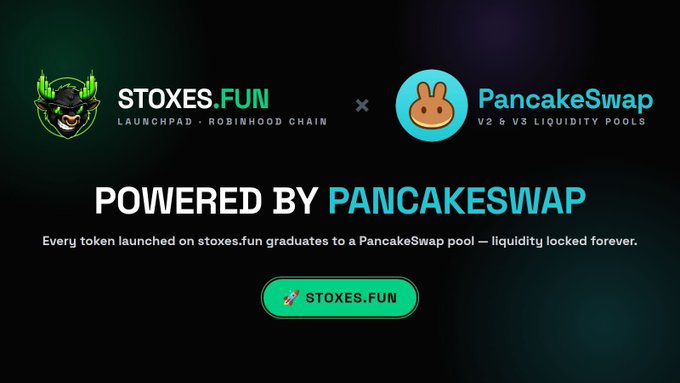 A promotional graphic announces 'STOXES.FUN' as a launchpad on Robinhood Chain powered by PancakeSwap, stating 'Every token launched on stoxes.fun graduates to a PancakeSwap pool — liquidity locked forever,' featuring a green ape logo and PancakeSwap's bunny logo.