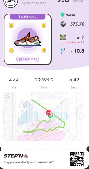 A STEP'N app screenshot dated 04/07/2026 showing a 'Walker Lv20' sneaker NFT with a Human walking energy of 7.0 GST/min, 4.84 km walked in 00:59:00 (6149 steps).