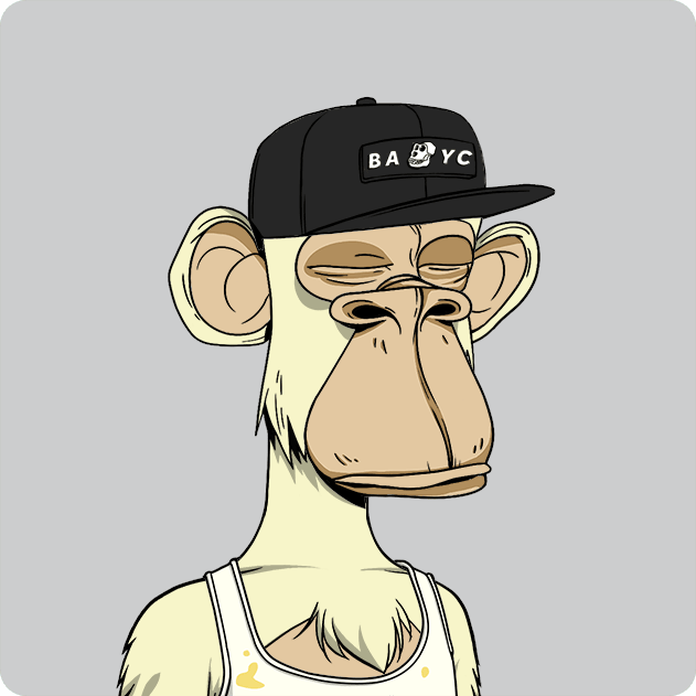 A cartoon illustration of a Bored Ape Yacht Club (BAYC) NFT character wearing a black 'BAYC' cap, appearing worn with tired eyes and a stained white tank top.