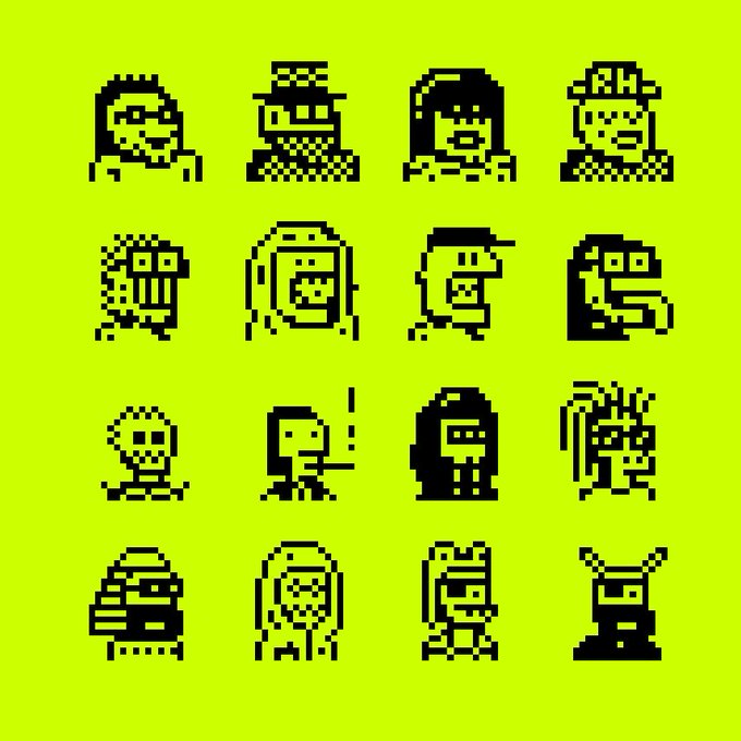 A 4x4 grid of 16 hand-drawn pixel art character sprites in black on a bright yellow-green background, rendered in a retro 8-bit style. The minimalist 1-bit aesthetic aligns with the post's claim of being "100% hand drawn & fully on-chain," suggesting these are original NFT collectibles or character assets stored directly on the blockchain.