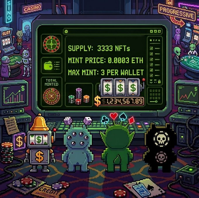 Pixel art scene of a casino where monsters gather around a terminal displaying an NFT minting interface with "SUPPLY: 3333 NFTs", "MINT PRICE: 0.0003 ETH", "MAX MINT: 3 PER WALLET", and a jackpot of "$1,234,567.89".