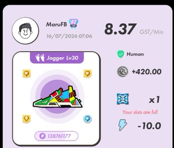 A STEP'N app screenshot for user 'MaruFB' dated 16/07/2026 07:06 showing 8.37 GST/Min, +420.00 earnings, and a purple sneaker NFT.