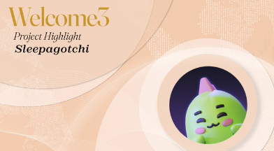 A welcome banner with gold 'Welcom3 Project Highlight' text on a beige background, featuring a cute green round mascot character with pink cheeks peeking out from a circular cutout.