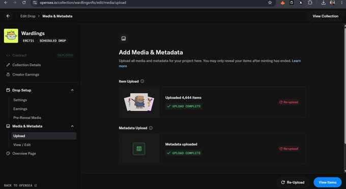 The image shows an OpenSea "Add Media & Metadata" page for the "Wardlings" ERC721 collection, displaying a successful upload of 4,444 items and metadata. This visually confirms the update announcing that Wardlings are being uploaded to OpenSea as part of the final phase before minting.