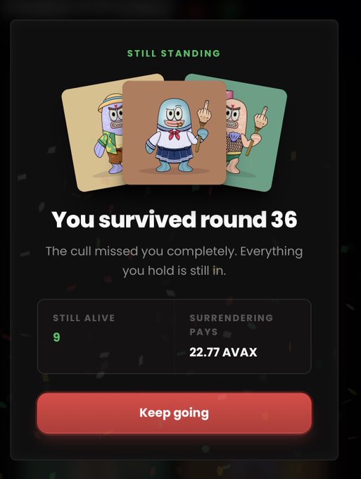 A game interface showing 'You survived round 36' with three cartoon character cards still in play, indicating 9 still alive and surrendering pays 22.77 AVAX, with a red 'Keep going' button.