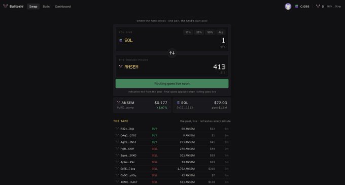 A dark-themed crypto trading dashboard (Bullx.io) showing SOL trading activity, the 'The Trojan Pump' indicator, and a live tape of token transactions.