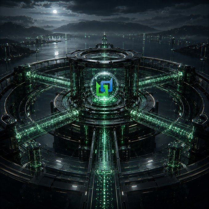 A futuristic, sci-fi cityscape at night features a glowing central spire with a green and blue "ⓑ" logo, radiating concentric rings and luminous data pathways outward over a dark metropolis under a moonlit sky. The image visually echoes the post's theme of Beldex as everyday infrastructure, depicting privacy not as a complex cryptographic tool but as an integrated, foundational system seamlessly woven into the fabric of a connected world.