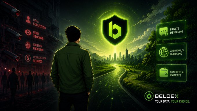 A promotional graphic for 'BELDEX' showing a man facing a green shield with 'b' logo, flanked by surveillance threats (DATA COLLECTION, USER TRACKING, IDENTITY PROFILING, TRANSACTION RECORDS) on the left and benefits (PRIVATE MESSAGING, ANONYMOUS BROWSING, CONFIDENTIAL PAYMENTS) on the right, with tagline 'YOUR DATA. YOUR CHOICE.'