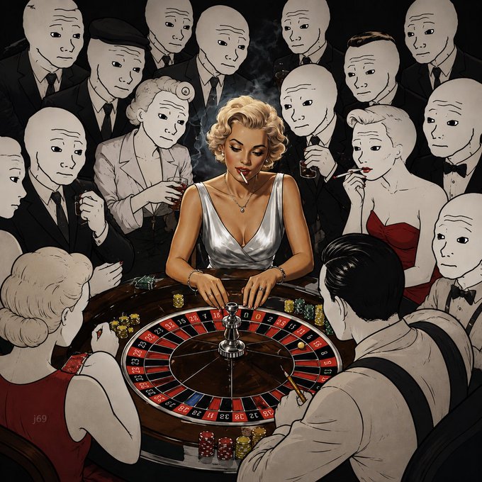 The image depicts a woman sitting at a table with a roulette wheel, surrounded by several men dressed in suits who appear to be playing a game of poker or participating in some sort of gambling event. The woman has her hand on the roulette wheel, possibly making a bet or strategizing her next move. The scene is set against a black background and features various elements such as chairs, a dining table, and a chair with a person sitting in it.

The image seems to be related to a post about Bitcoin, specifically focusing on the Ethereum version of the cryptocurrency called Solana. The post highlights that there is only one $WOJAK coin available, which has been heavily bundled and is being aggressively suppressed by various platforms like CMC, Solscan, DEXTools, and others.