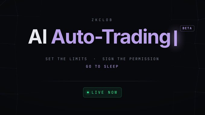 Promotional graphic for zkCLOB's "AI Auto-Trading" feature, currently labeled "BETA" and "LIVE NOW," with the tagline "SET THE LIMITS · SIGN THE PERMISSION · GO TO SLEEP" reflecting the post's message of setting trading boundaries and letting a bot operate autonomously within a secure, private order book.